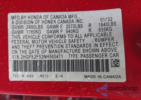 2022 Honda Civic Sport z USA, uszkodzony, nr VIN 2HGFE2F53NH565471